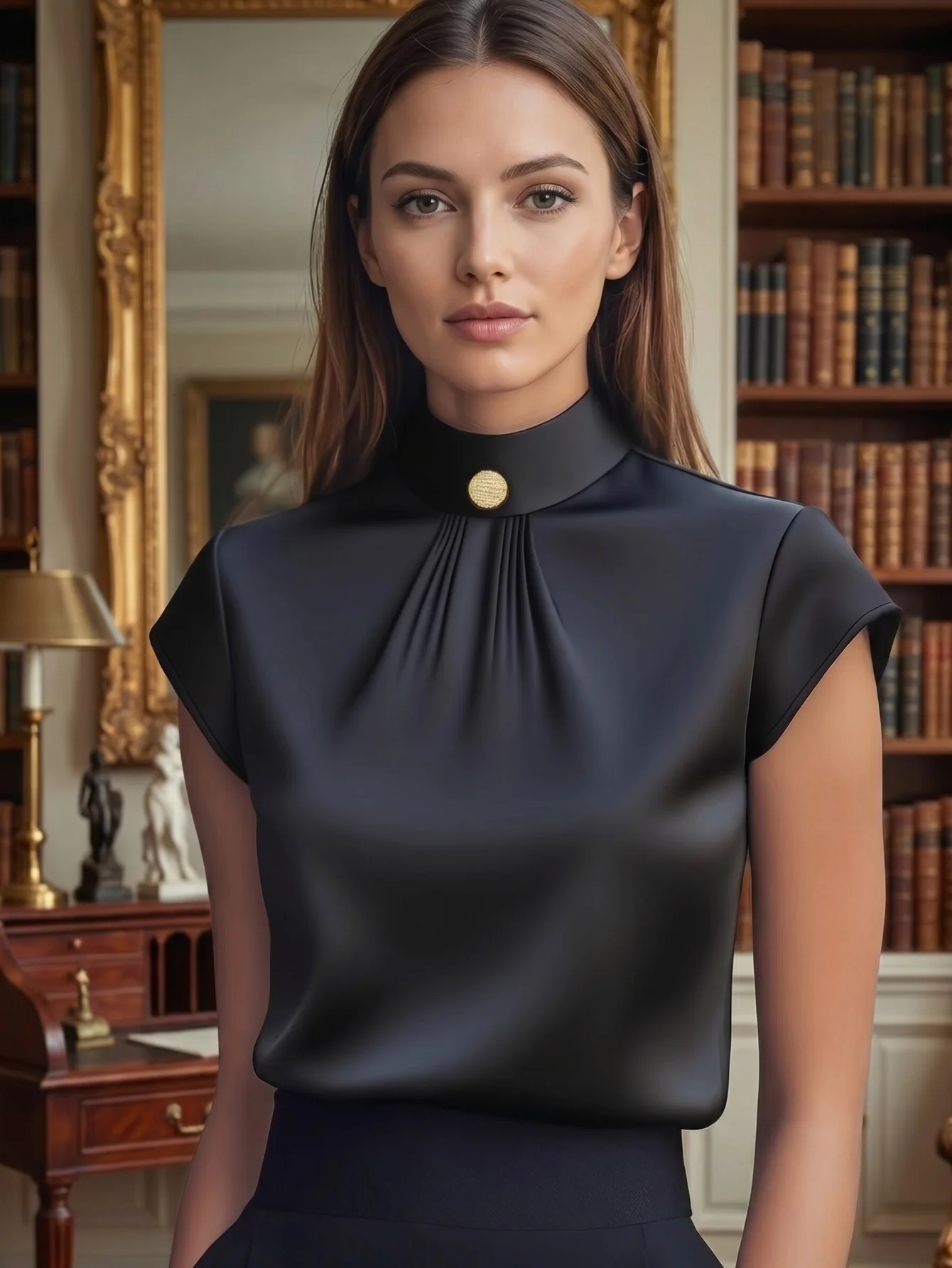 Women's Mock Neck Cap Sleeve Blouse Pleated Front Metal Button Decor Elegant Formal Ladies Top