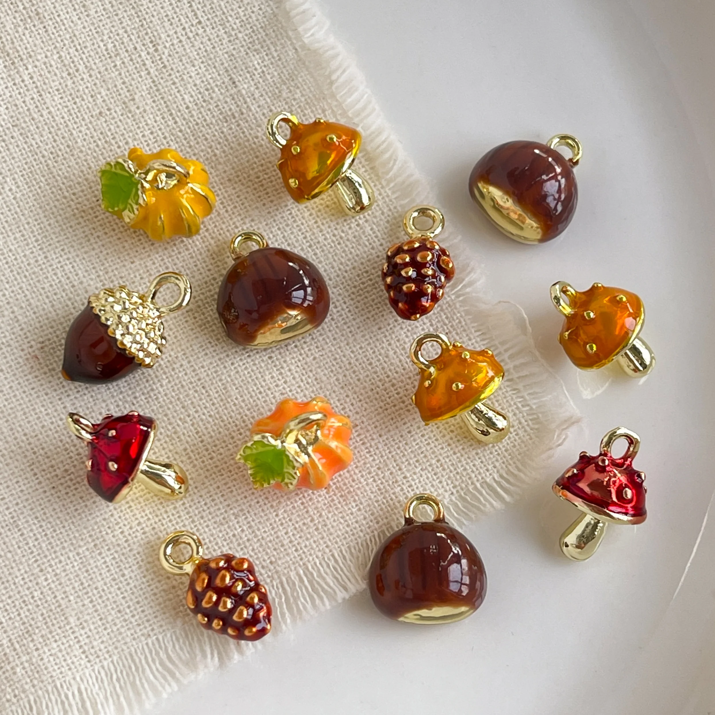 5pcs Pinecone Chestnut Mushroom Dripping Oil Alloy Pendant,Handmade Jewelry Making Accessories