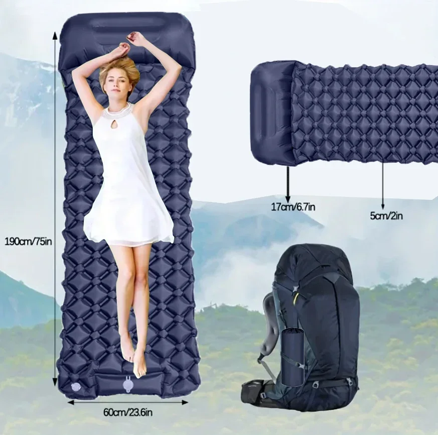 Colchón inflable para acampar al aire libre, colchoneta para dormir con almohadas, colchoneta de aire ultraligera, bomba infladora integrada para senderismo