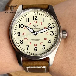 Tandorio 39mm Steel Automatic Pilot Watch AR Sapphire Crystal NH35A PT5000 20BAR Dive Men Mechanical Wristwatch Leather Luminous