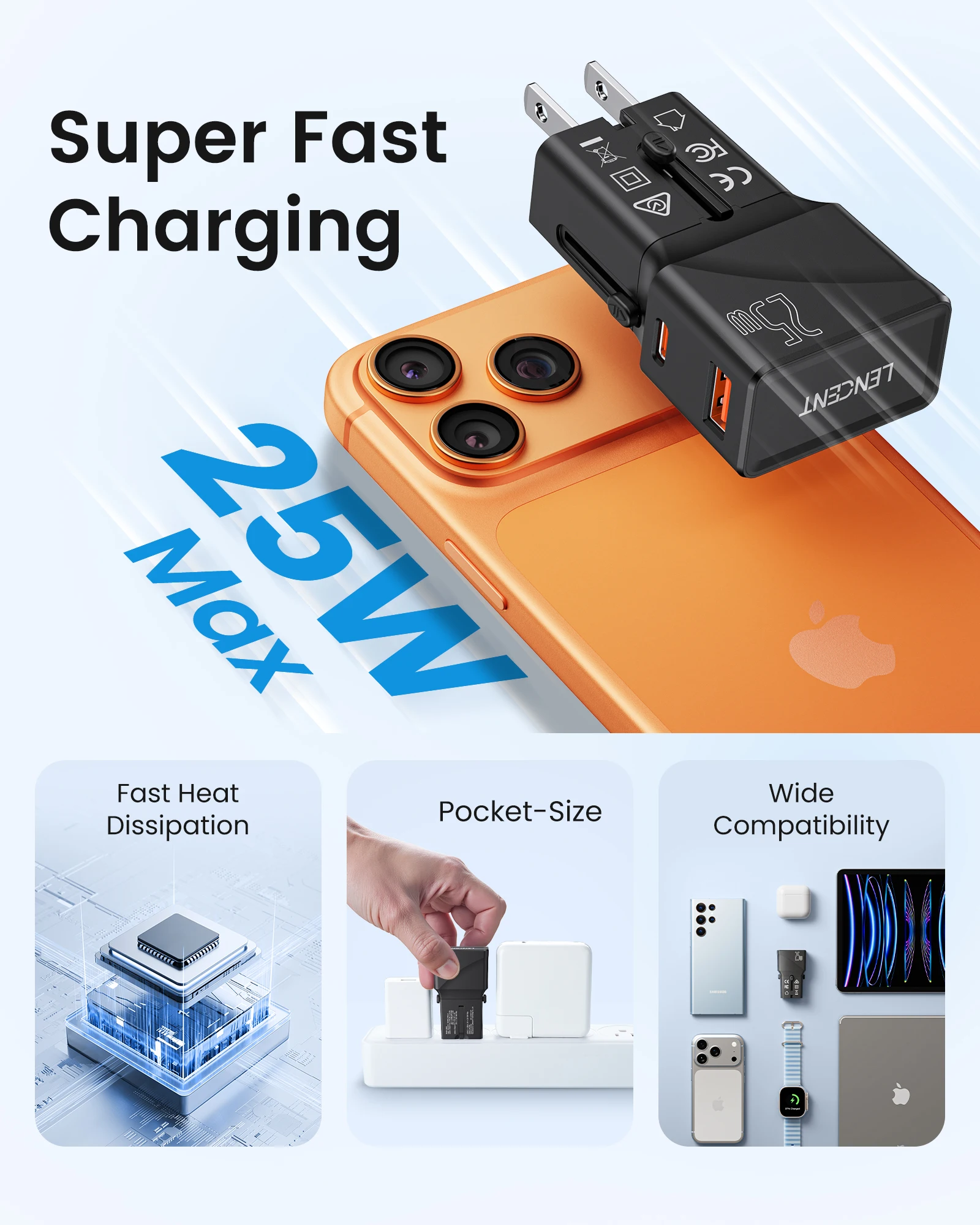 LENCENT Universal Travel Adapter Power Adapter with1 USB-A QC 3.0 18W and 1 Type C PD 25W Fast Charger for US EU UK AUS Travel