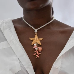 Docona Bohemian Beach Shell Starfish Pendant Necklace for Women Multi Layer Bead Eyes Jewelry Summer Holiday Gift Collar