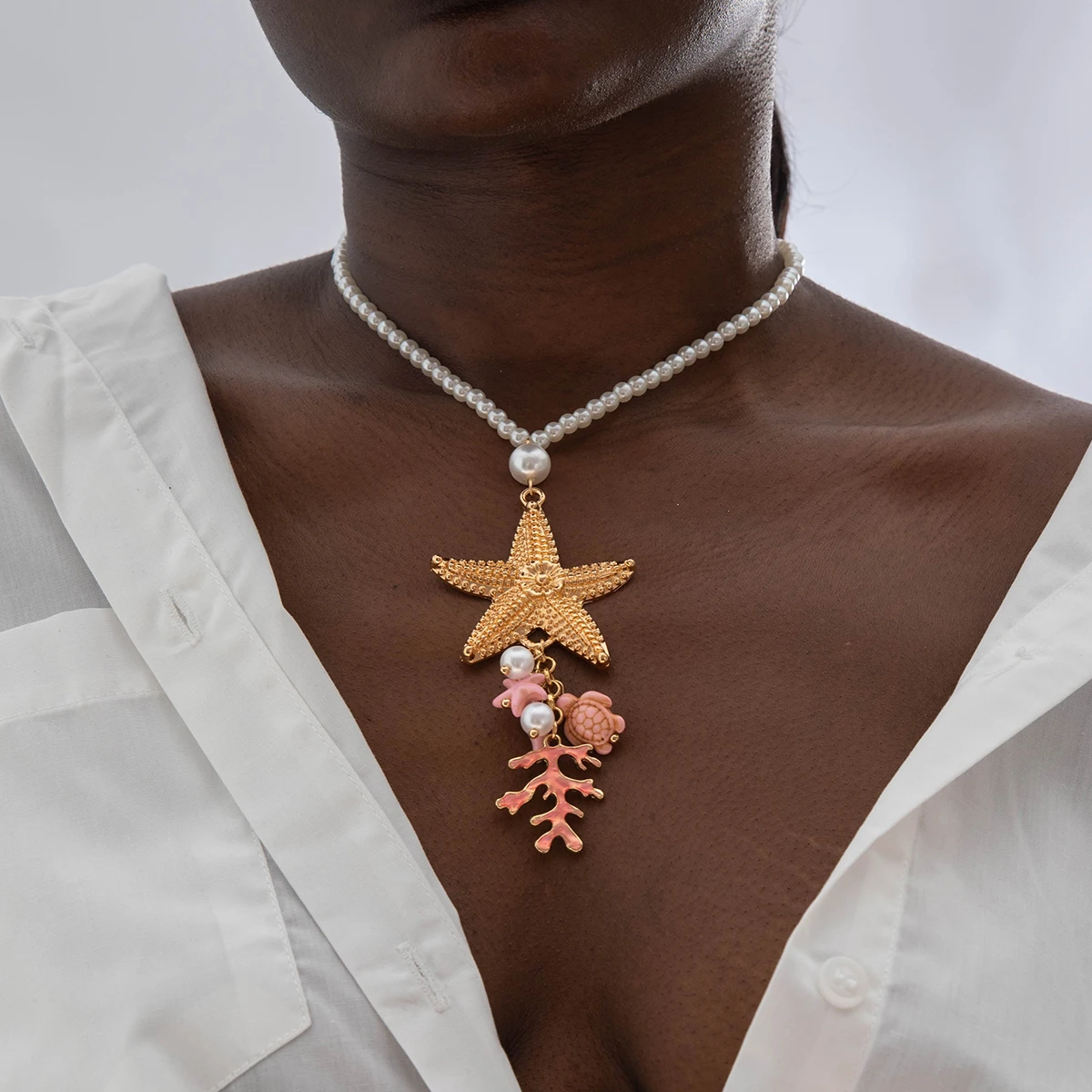 Docona Bohemian Beach Shell Starfish Pendant Necklace for Women Multi Layer Bead Eyes Jewelry Summer Holiday Gift Collar