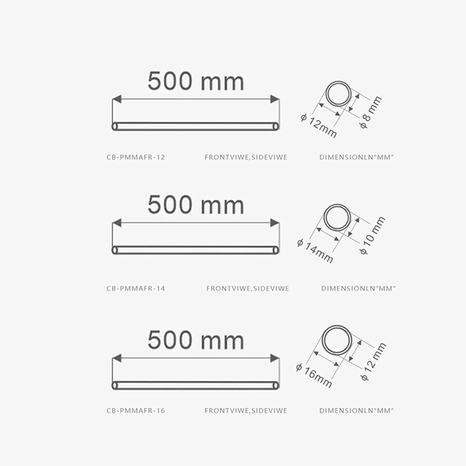4 pz/lotto Duro/PMMA/Tubo Acrilico Tubo Rigido Smerigliato Opaco (OD12mm/OD14mm/OD16mm) + 2mm di Spessore + 50 cm di Lunghezza