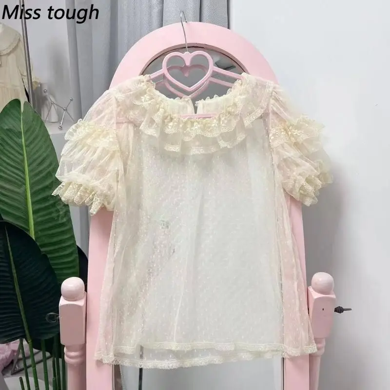 Sweet Gothic Lolita Kawaii Princess Lace Blouse Women Puff Sleeve Bowknot Ruffle Tulle Mesh Daily Cafe Harajuku Outfit Tees 2026
