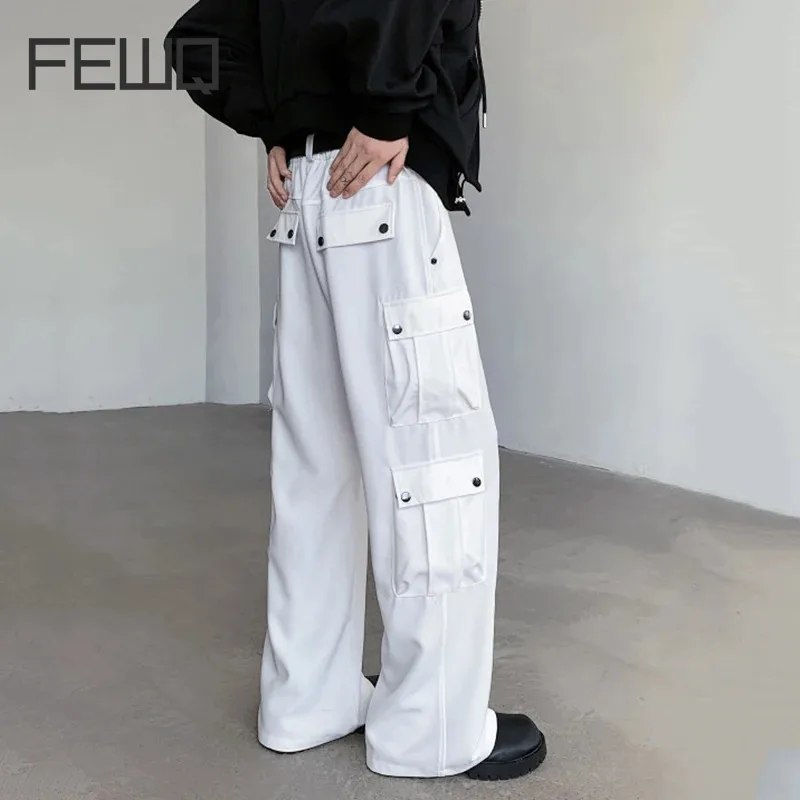 

FEWQ Men's Casual Pants New Autumn Metal Button Multi-pockets Trousers Straight Wide Leg Male Cargo Bottom Casual Trend 9C6993