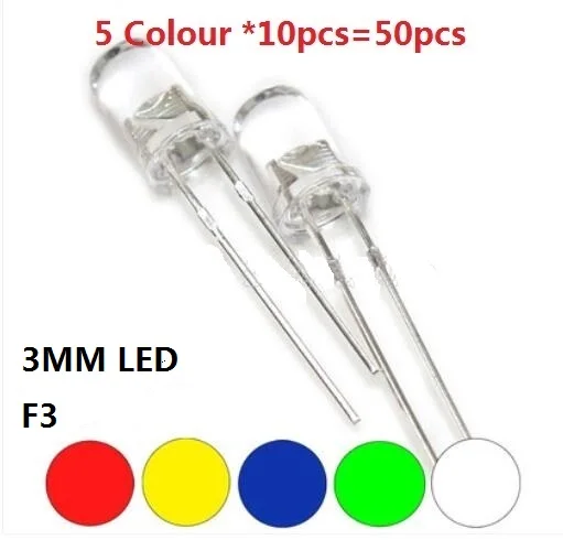 Green Red White Blue Yellow Colour 50PCS=5 Value * 10pcs 3MM Transparent Cove LED Kit Set Assortment DIY F3 Assorted Pack