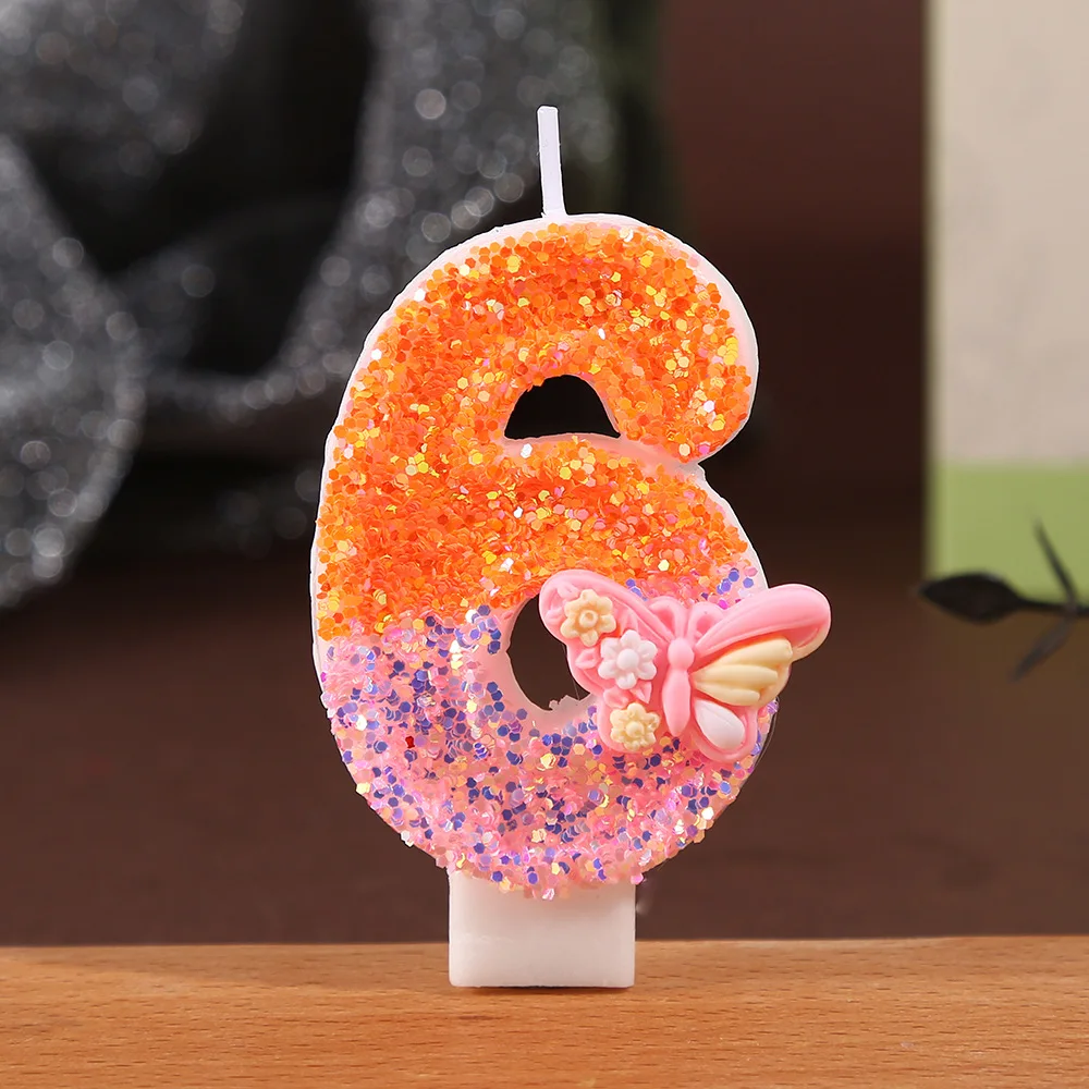 Velas digitales con lentejuelas naranjas y rosas, velas de cumpleaños de 0 a 9 años con mariposas rosas de dibujos animados. Decoración festiva para fiestas. Tapón para pastel de postre