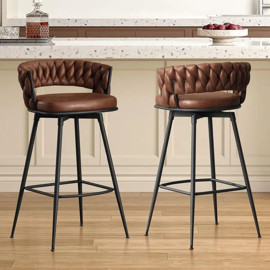 

Counter Height Bar Stools Set of 2, 180 Swivel 26 Seat Height Barstools, Suede Fabric Bar Chairs with Woven Back and Footrest fo