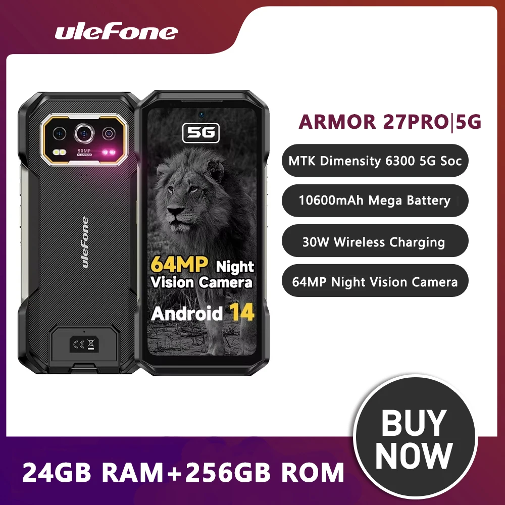 Ulefone Armor 27 Pro 5G Rugged Smartphone Android 14 10600mAh Mobile Phone 50MP Camera 64MP Night Up to 24GB+256GB Cellphone NFC