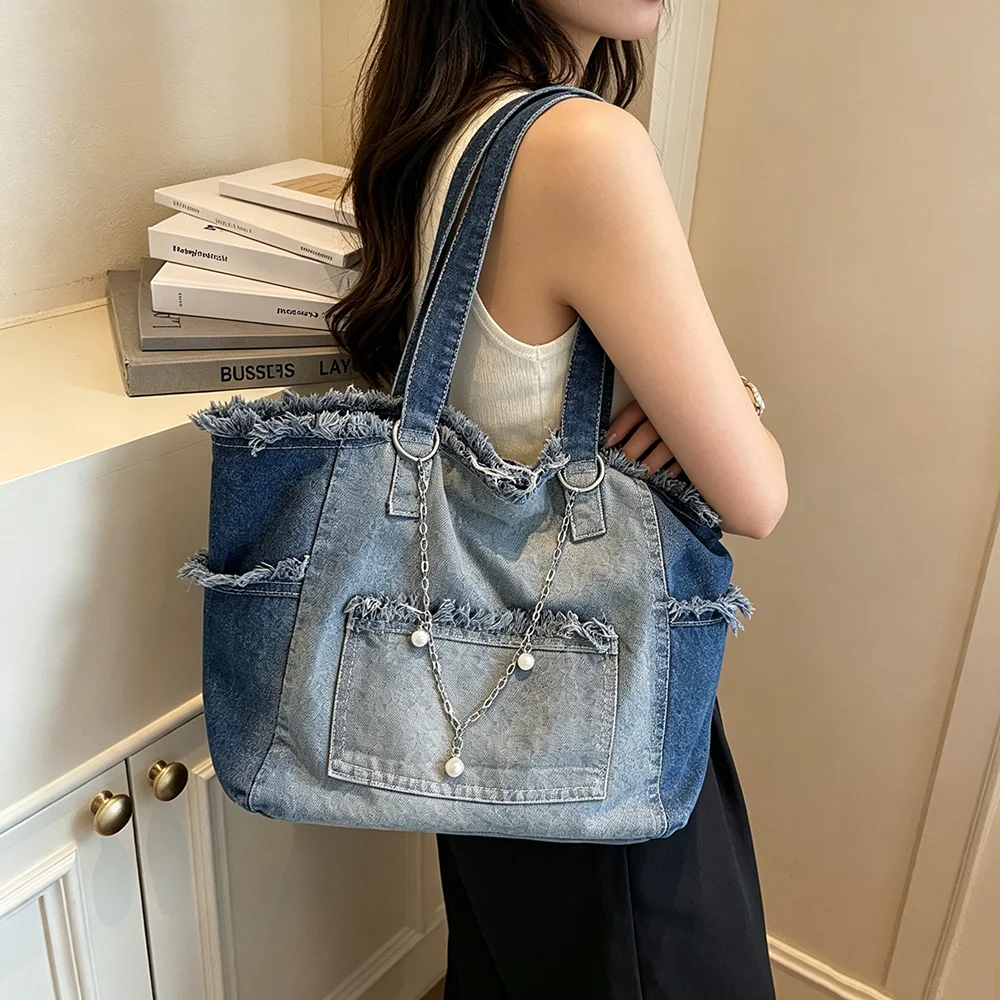 

Vintage Gradient Blue Denim Tote Bag Korean Style Minimalist Large Capacity Fringed Shoulder Bag Retro Commuter Women's Handbag