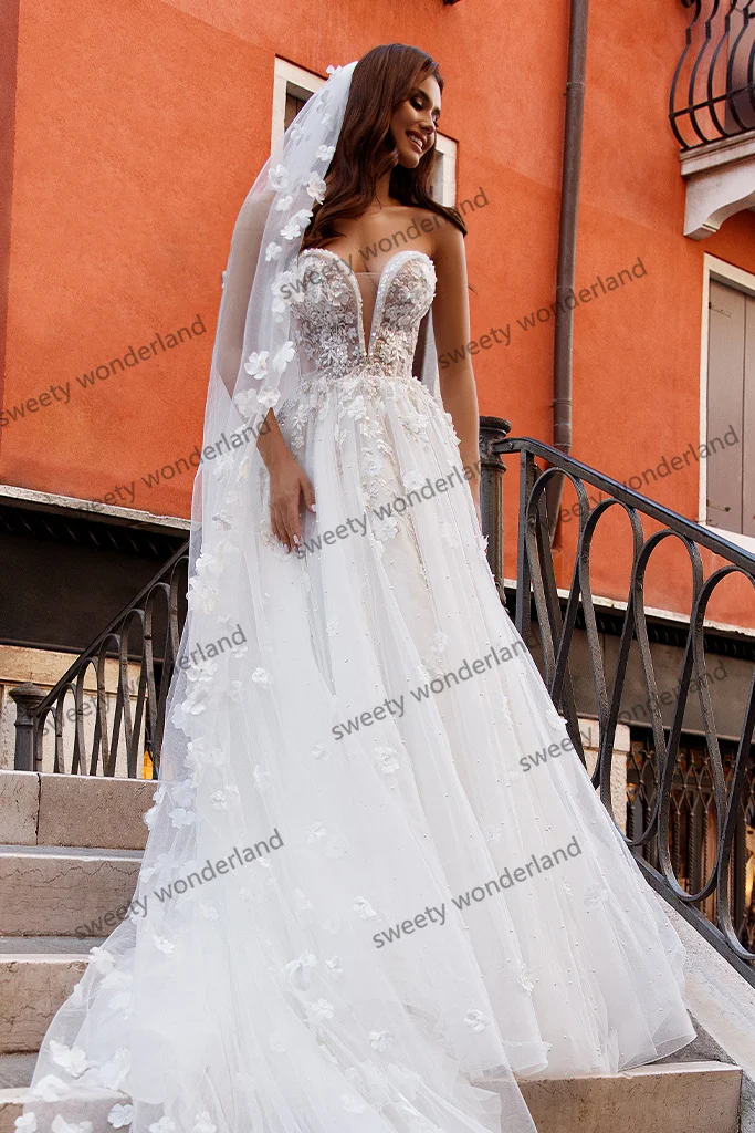 Vestido de novia de princesa con estampado Floral 3D, traje de novia de tul de hada con velo, blanco, escote Corazón, línea A