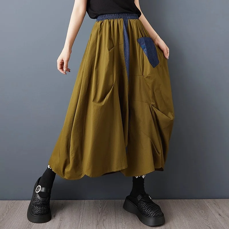 

Color Blocking Pleated Patchwork Denim Irregular Skirt for Women Summer 2025 New Loose Mid Length Floral Bud Skirt