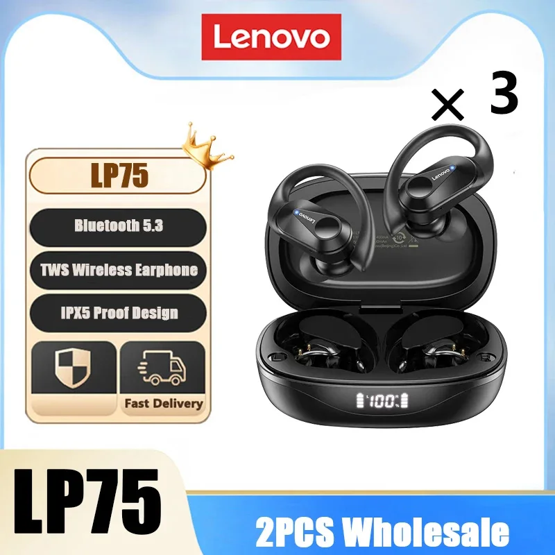 3PCS Lenovo LP75 TWS Sports Earphones Bluetooth 5.3 Wireless Headphones Waterproof HiFi Stereo Noise Reduction Earbuds with Mics