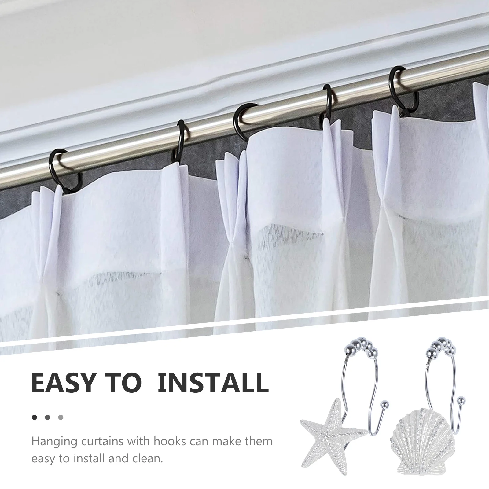 

12Pcs Stainless Steel Shower Curtain Rings Bathroom Curtain Hooks Ocean Themed Seashell Seahorse Rust Proof Hooks