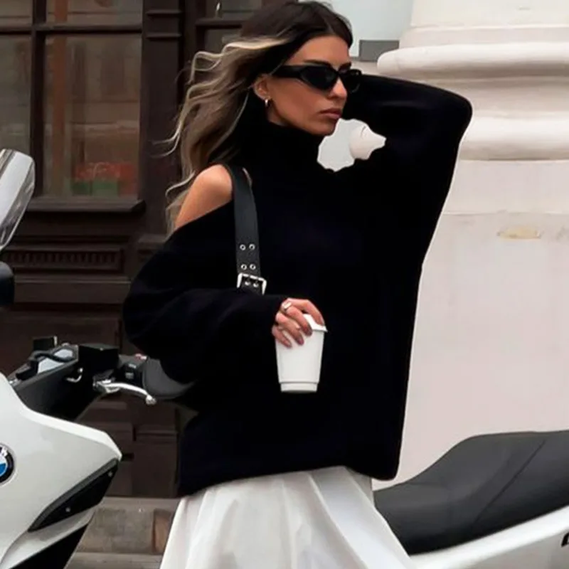 

Ticketsx Fashion Turtleneck Strapless Sweater Women Casual Loose Pullover Autumn New High Street Female Outfits Pullover Sweater