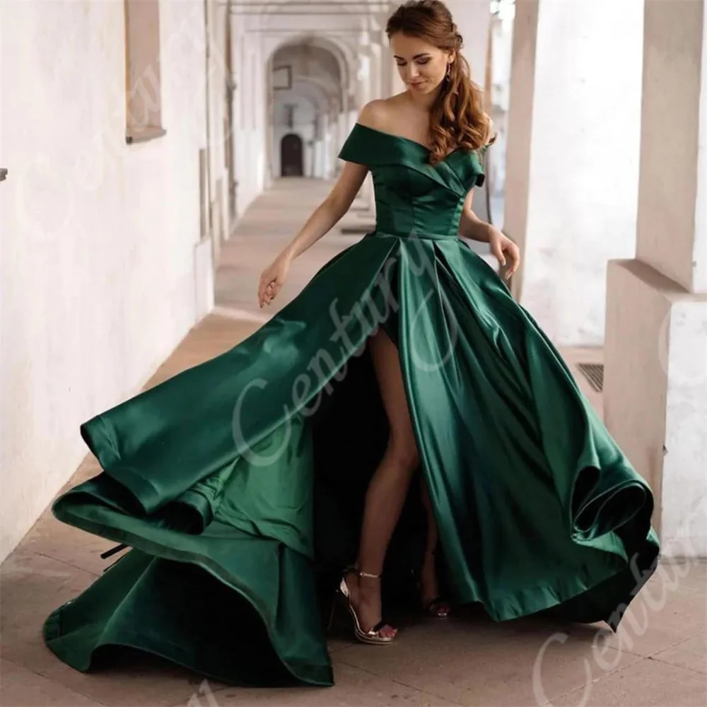 

Sexy Off The Shoulder Evening Dress Side Slit Satin Customized Prom Dress A Line Formal Occasion Wedding Party Gown Robe Soiree