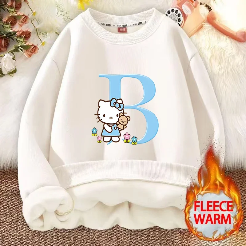 Hello Kitty Girl Pullover Hoodies Sanrio Kids Thick Warm Street Clothing Hoodie Print Fitted Sweatshirt Long Sleeves Tops Gift