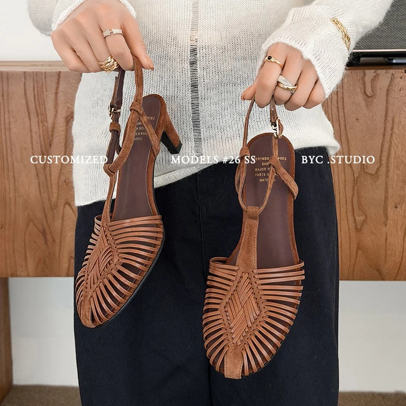 2026 new summer women sandals natural leather plus size 22-25.5cm cowhide+weave fabric+sheepskin ankle-buckle women shoes