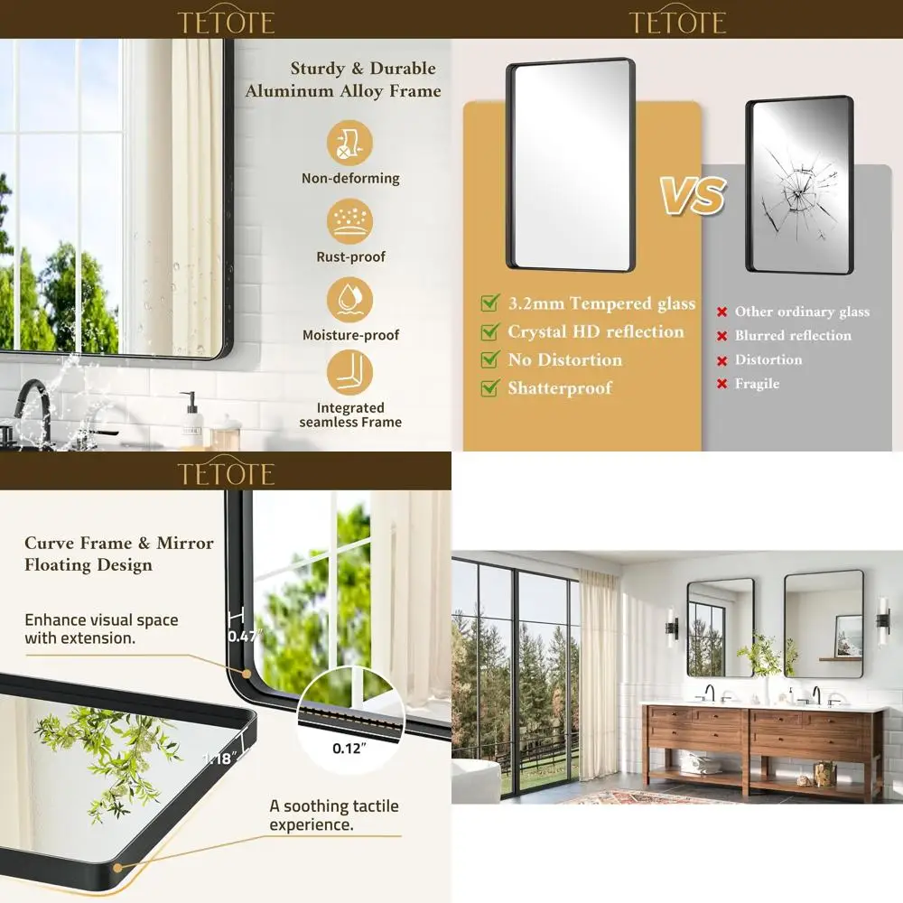 

24 x 32 Matte Black Framed Vanity Mirror with Tempered Glass, Wall-Mountable for Various Rooms