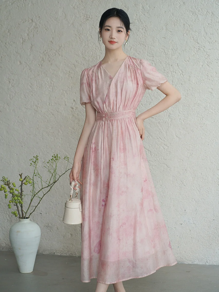 

Новое китайское льняное платье с принтом Dr Ele Aosphere, окрашенное в адиент, женское летнее длинное платье с высокой талией V-Ne