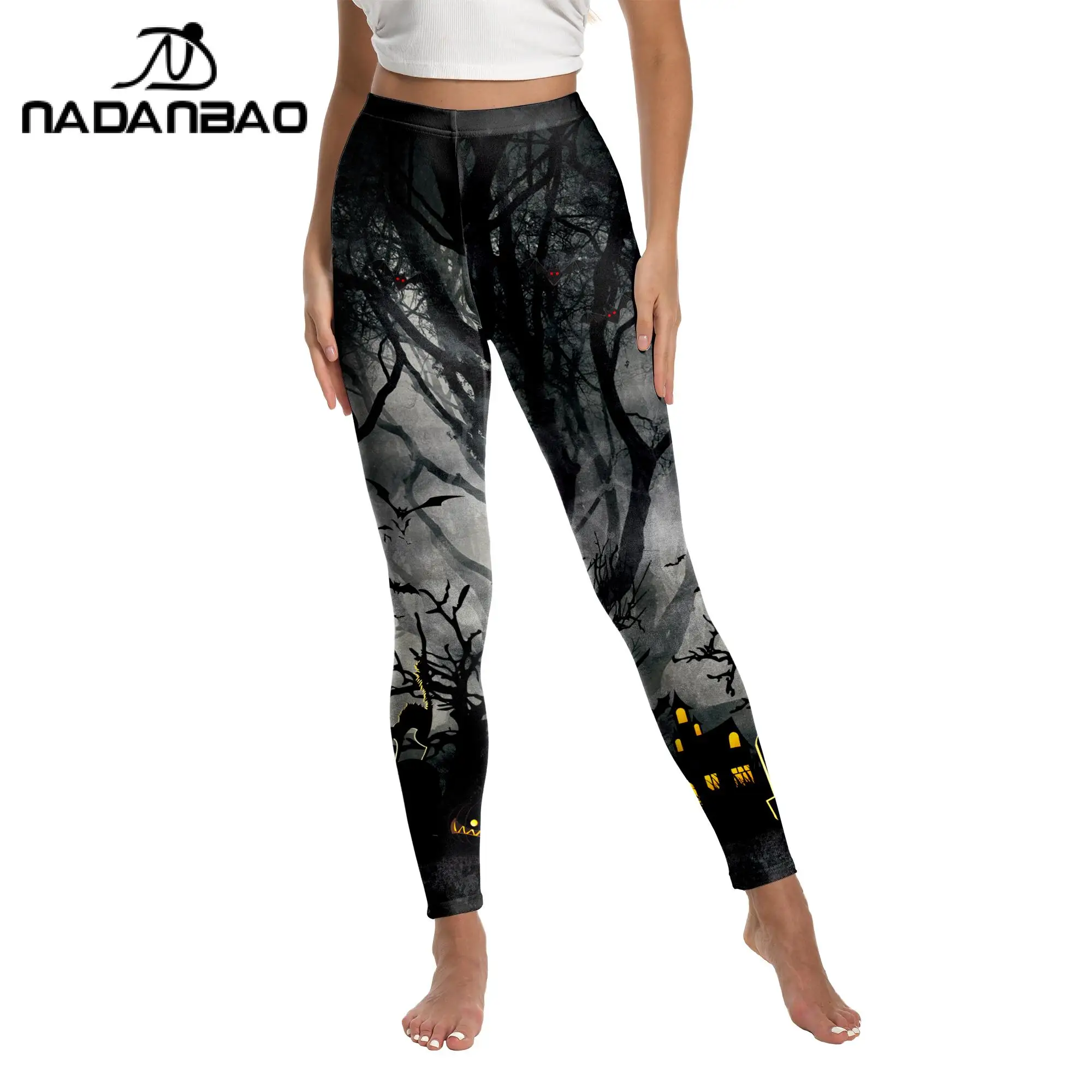 NADANBAO Halloween Forest Print Leggings for Woman Gothic Trousers Lady Fitness Workout Yoga Pants Fancy Party Stretch Leggings