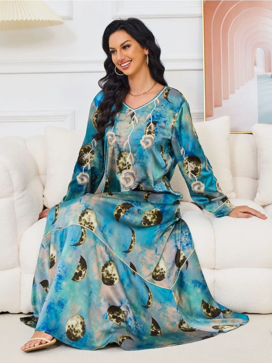 Eid Arab Muslim Party Dress for Women 2024 Abaya Print Jalabiya Long Dresses Morocco Kaftan Vestidos Dubai Ramadan Gown Robe