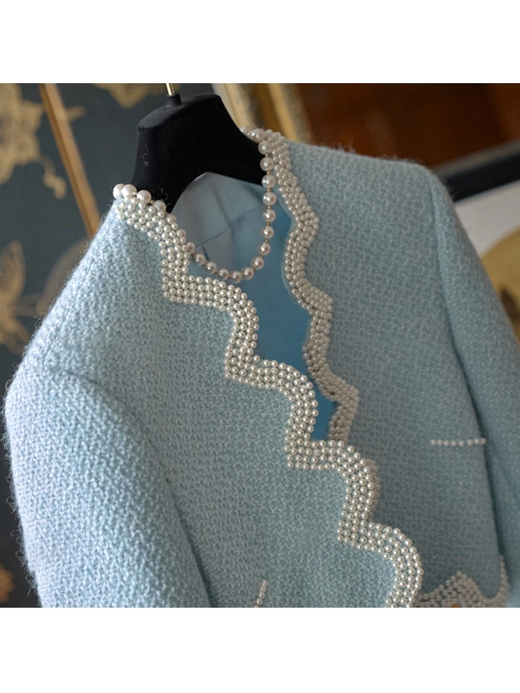 

Элегантное синее пальто с бисером в стиле Feng Sle, осень 2024, женское, модное, с V-образным вырезом, приталенное, класса люкс