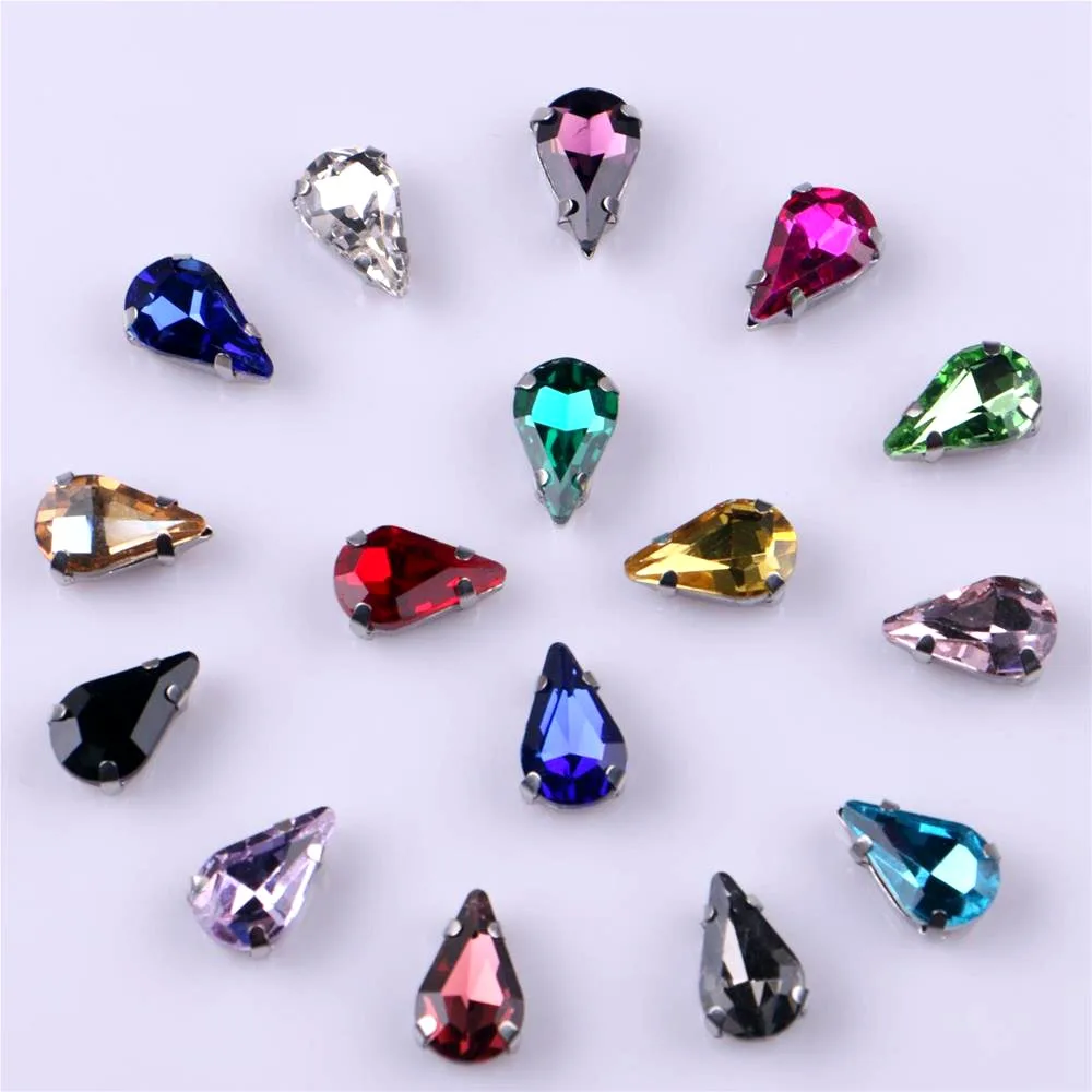 Glass Rhinestones! Narrow Teardrop Shape Diamond With Claw Sew On Strass Metal Base Buckle Crystal Stone 20pcs/pack