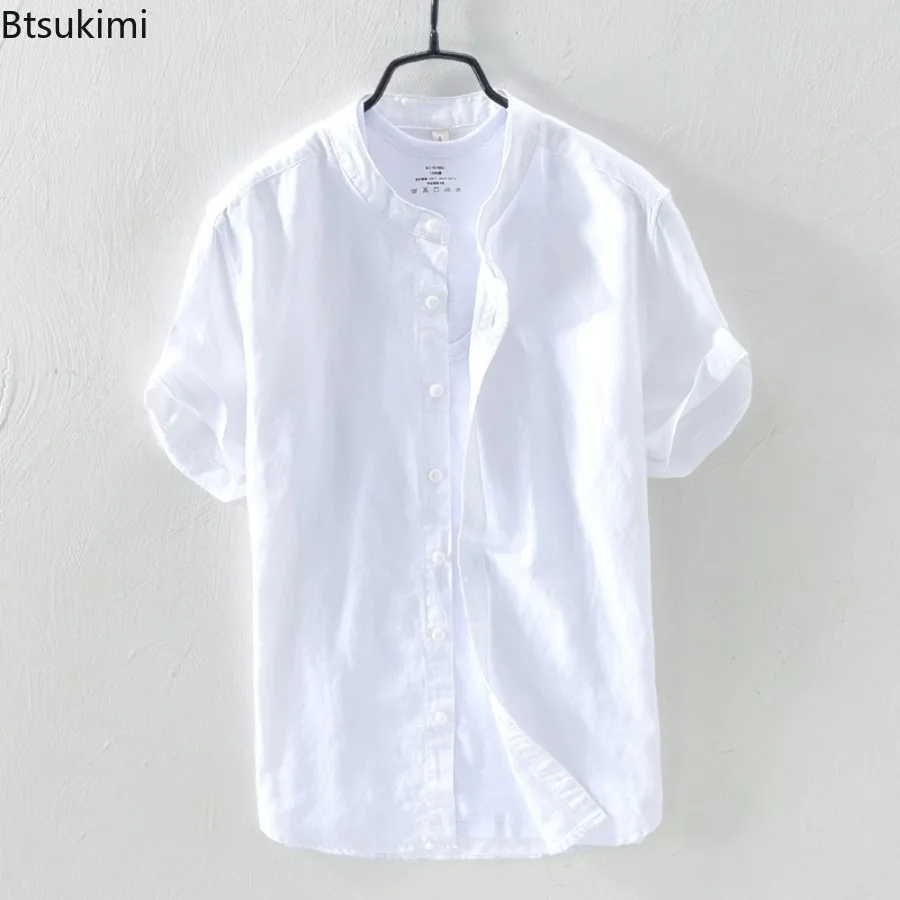 Summer Short Sleeve Shirts Men's Comfortable Cotton Linen Cool Breathable Casual Shirt Stand Collar Simple Beach Cardigan Shirts