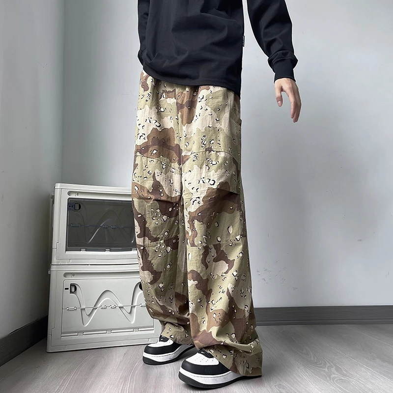 Camouflage Pants Men All-match Stylish High Street Pleated European Style Mopping Trousers Chic Pockets Hipster Versatile Zip Up