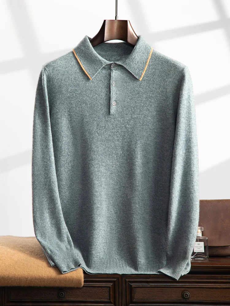 New Men Polo Cashmere Sweater Long Sleeve Pullover Smart Casual 100% Cashmere Knitwear Soft Comfort Clothes Spring Autumn Shirt