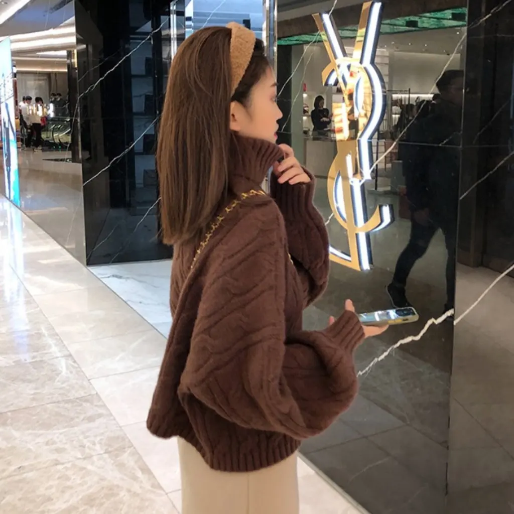 

Wine Red Turtleneck Sweater for Women Loose Fit Twist Knitted Thickened Solid Color Autumn Winter Trendy Short Top