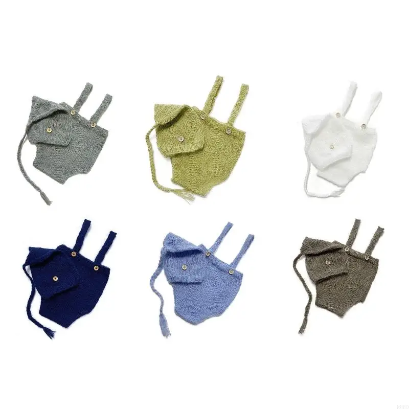 

R66D 2 Pcs Newborn Photography Props Crochet Outfit Baby Romper Hat Set