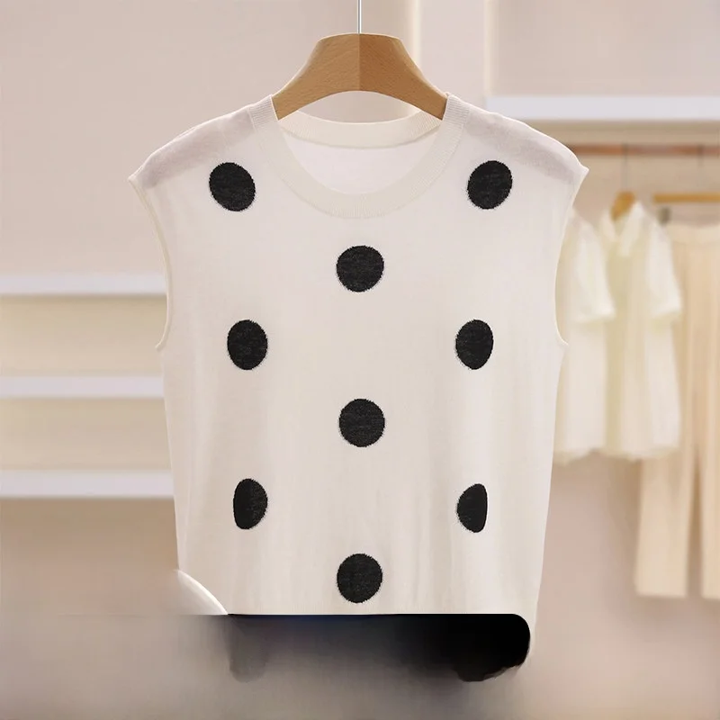 

Slim Fit round Ne Knitted Vest 308 Woolen Polka Dot Svel Women's Casual Sle Spring Faion Brand Casual Knitwear