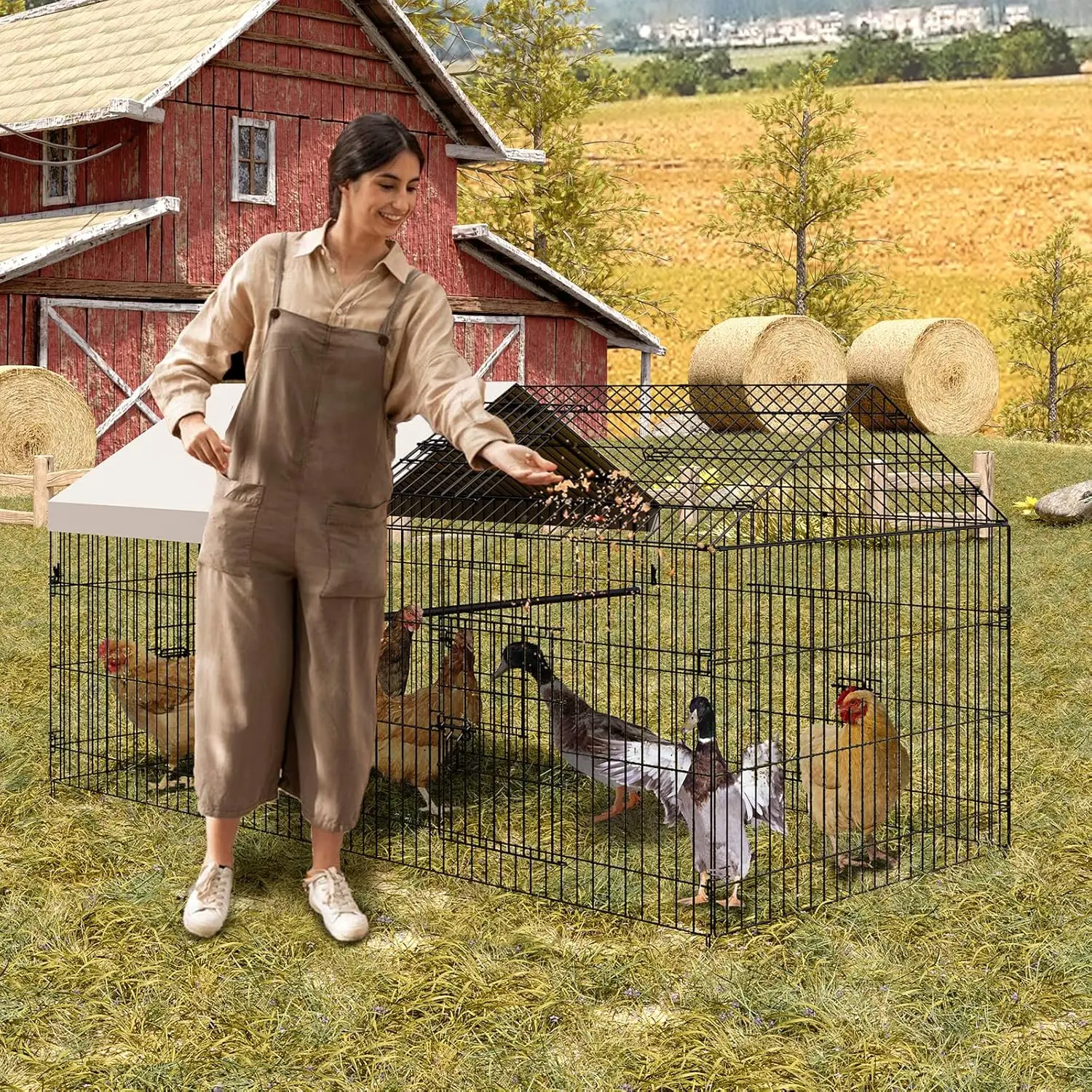 

Metal Chicken Coop, Chicken Run Pen for Yard with Cover, Outdoor Metal Portable Chicken Cage with 4 Door and 1 Window for Outsid
