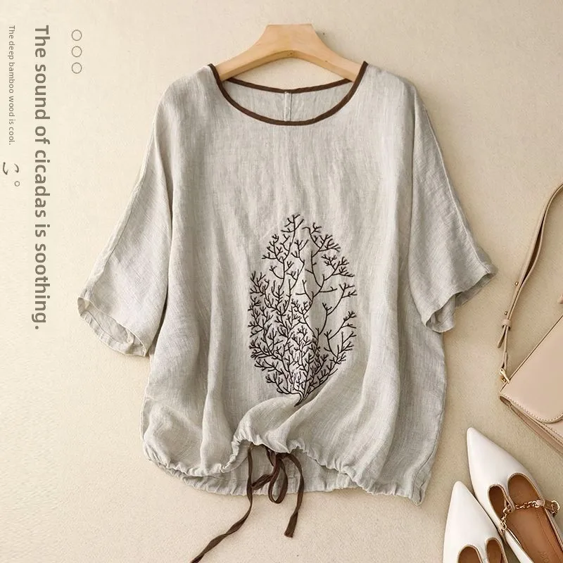 

Spring Summer 2026 New Women's plus Size Cotton Linen T-irt Loose Faionable Base irt Belly Cover Retro Sle Casual irt