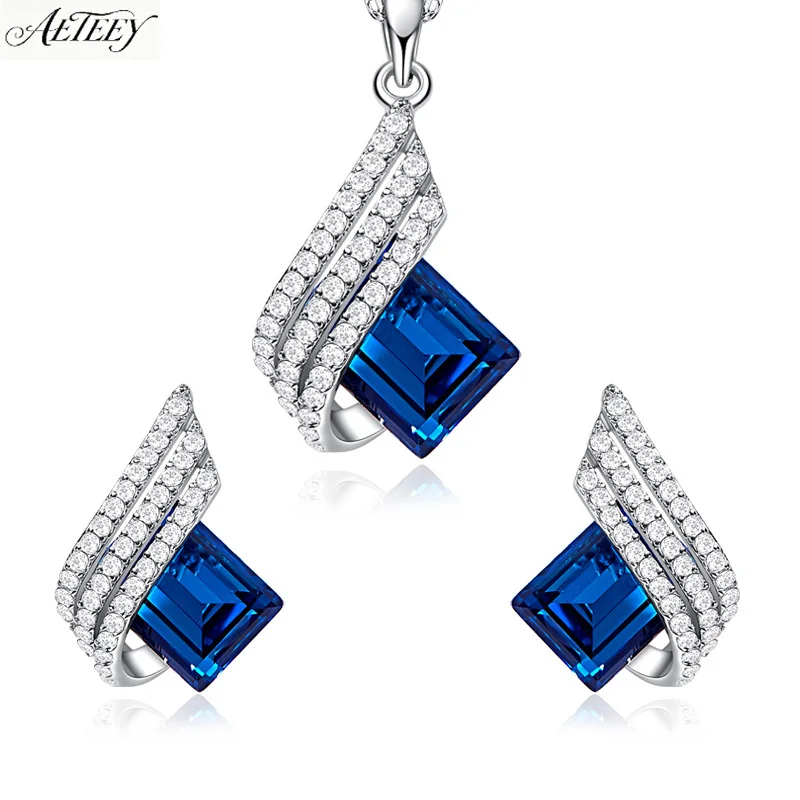 AETEEY S925 Silver Platinum Plated Synthetic Sapphire Jewelry Set Necklace Earrings Women Wedding Jewelry