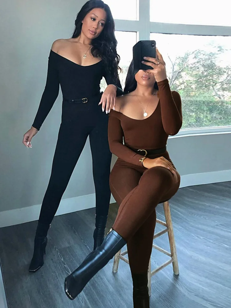 2023 Long Sleeve Slash Neck Skinny Solid Stretchy Bodycon Jumpsuits Autumn Winter Women Fashion Streetwear Outfits Romp