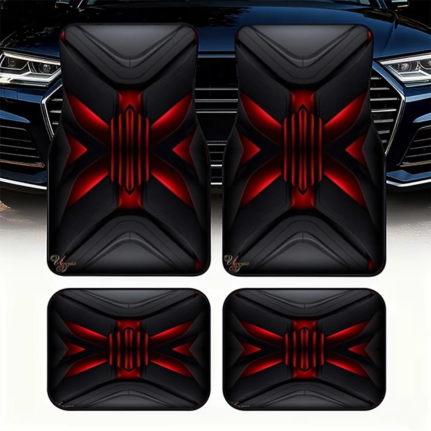4pcs Car Floor Mats, Futuristic Geometric Red Black Design, Material, Sleek Modern Aesthetic, Universal For Car Interiors, Dynam