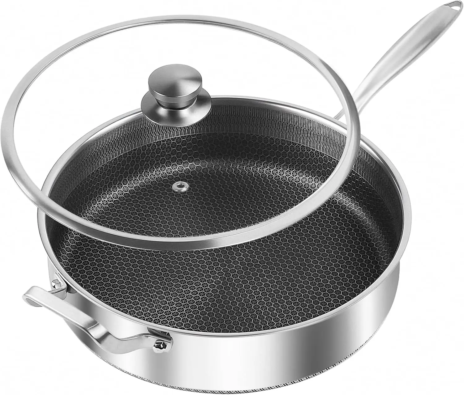 

Nonstick Frying Pan with Lid, 8 Quart Tri-Ply Stainless Steel Saute Pan, Induction Compatible & Dishwasher Safe