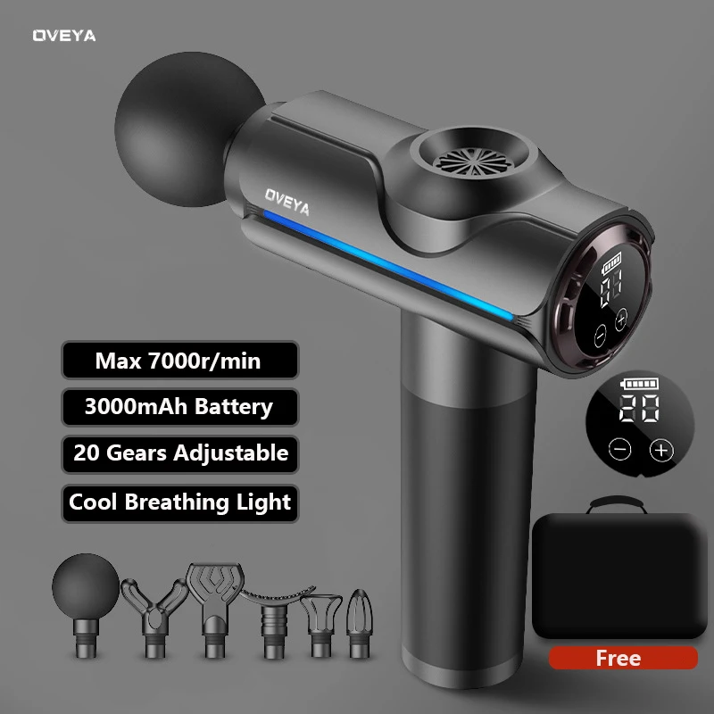 Oveya 20 Gears  Aluminium Alloy Lightweight Massage Gun, Deep Muscle Massager With 6 Heads Powerful Motor For Home Gym