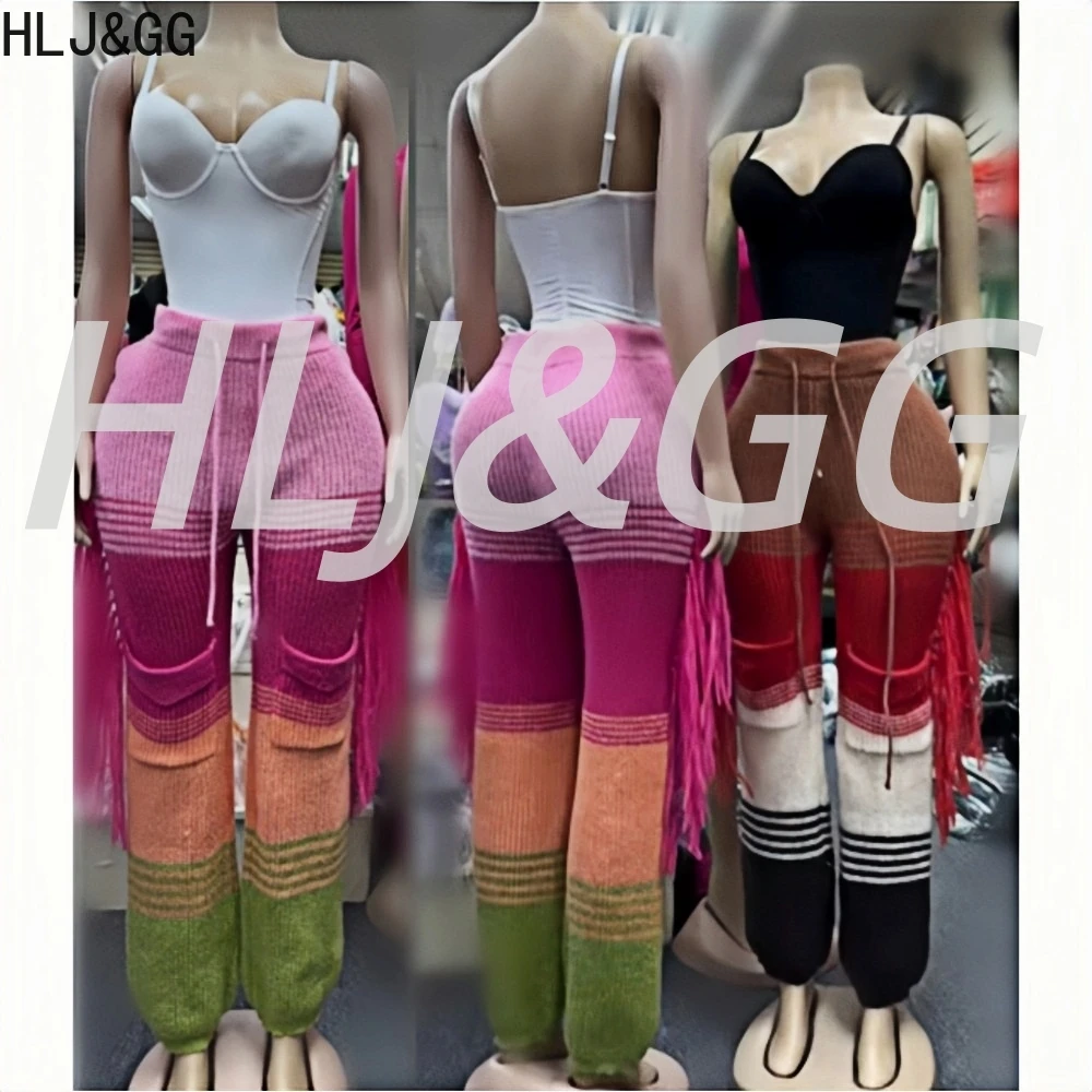 

HLJ&GG Autumn New Knit Splicing Tassel Pants Two Piece Sets Women Spaghetti Strap Deep V Bodysuits And Pants Outfits Streetwear