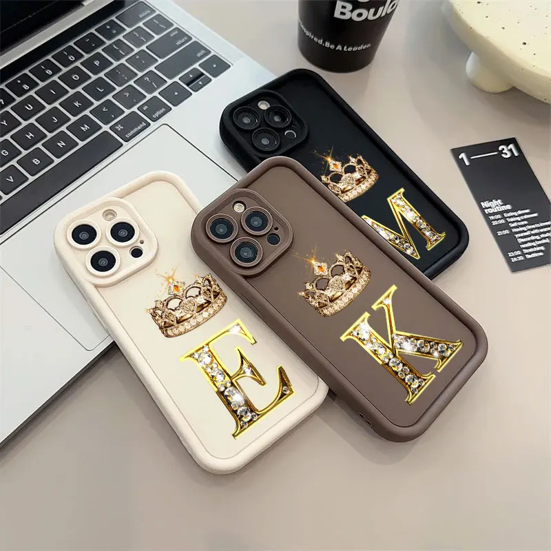 Golden Letter E K M L J I C U Phone Case For iPhone 16 15 14 13 11 Pro Max 12 Mini Silicone Case For iPhone X 16 Plus Soft Cover