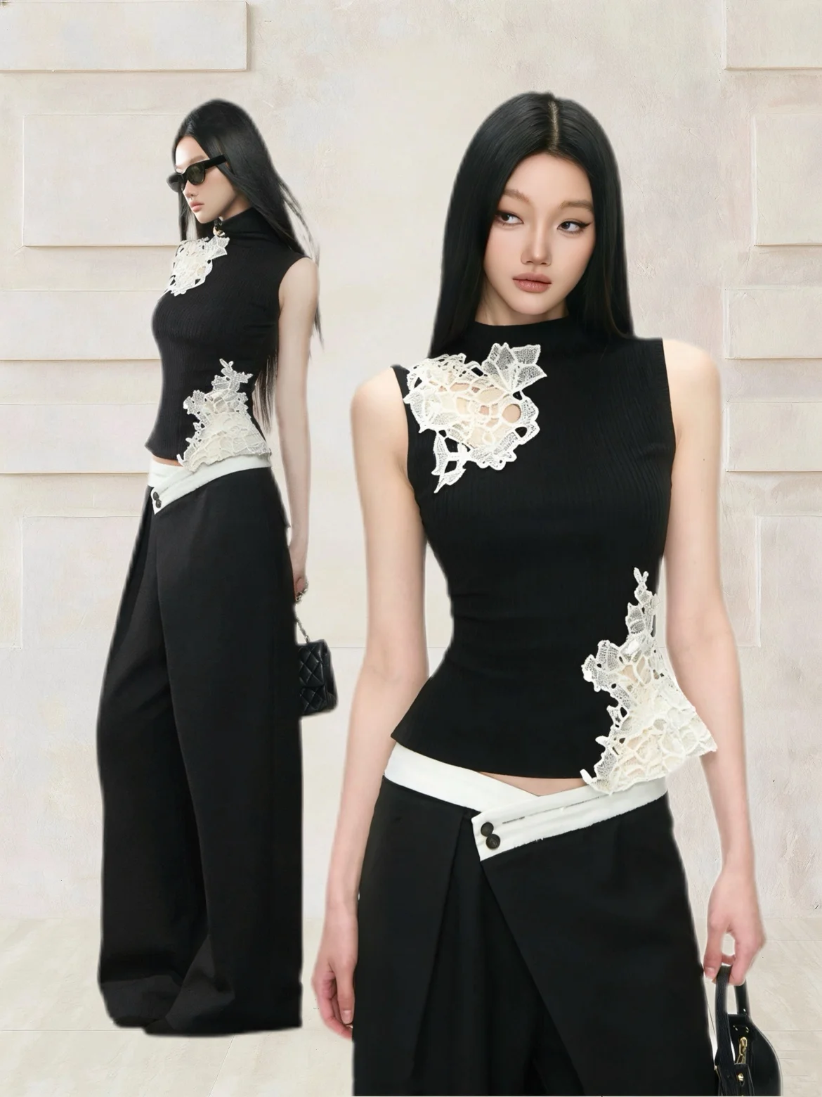 

New Chinese Style Lace Sleeveless Top And Wide Leg Pants Set with Hollow out Design And Side Flip Waist Sensation Elegant Sum...