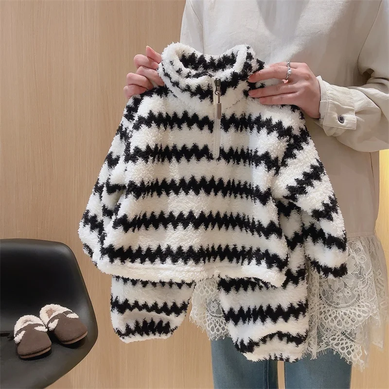 الأطفال مجموعات دافئة الفتيان الفتيات الشتاء مخطط منامة الدعاوى الخريف الاطفال فضفاض كنزة صوف السراويل 2 قطعة المراهقين زمم وتتسابق