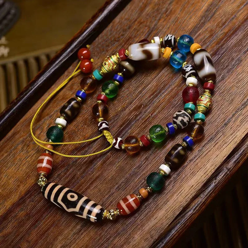 

Natural Agate Eye Three Eyes Dzi Pendant Clavicle Chain Adjustable Buddha Tiger Tooth Beads Necklace