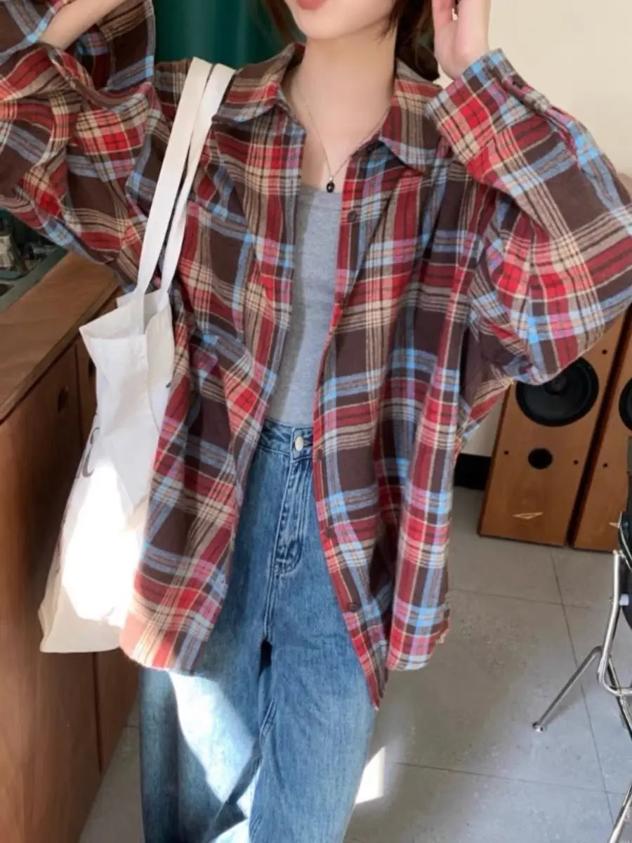 2024 autunno nuova camicia a quadretti retrò giacca da donna a maniche lunghe cardigan sottile top camicia stile pigro allentato