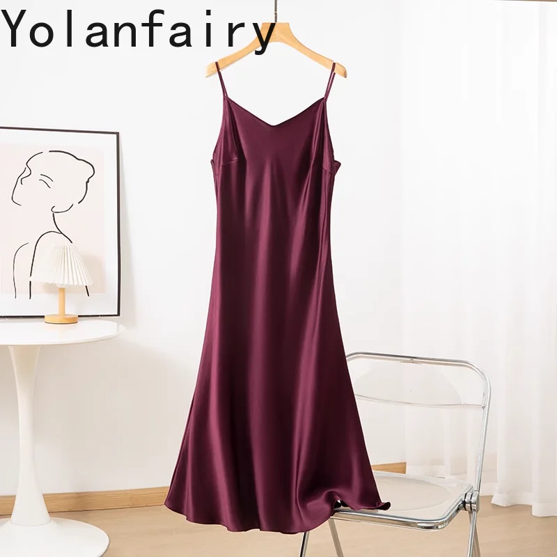 Yolanfairy 100% vestido de seda amoreira real verão crepe cetim vestido feminino ajustável halter senhoras vestidos cinta espaguete vestido