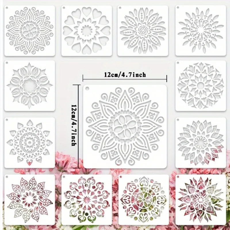 12-Piece Mandala Dotting Stencils Kit - Reusable & Washable PET Plastic Painting Templates for DIY Home Decor and Crafts